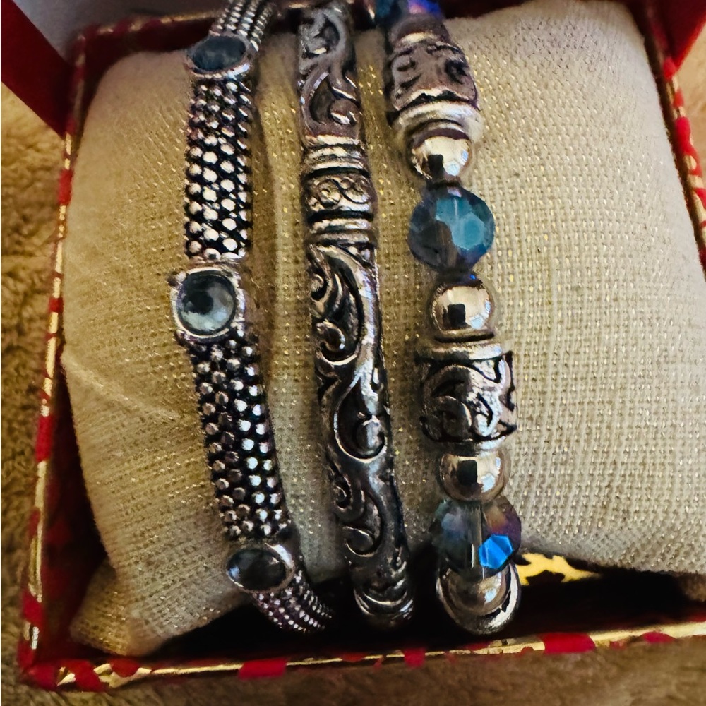Bohemian Silver and Blue Layered Bracelets Scroll and Vine never worn